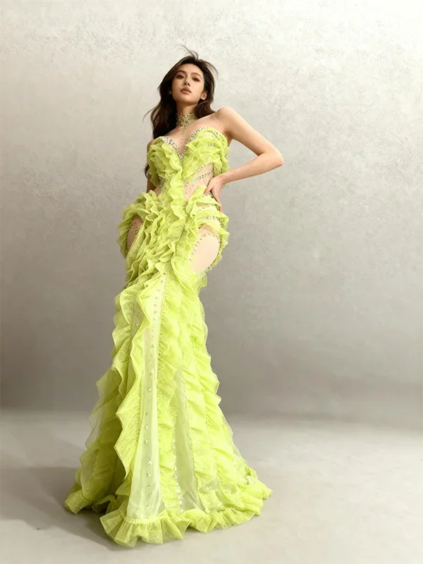 Middlesex Elegant Sparkly Green Rhinestones Mesh Sheer Ruffle Maxi Dress