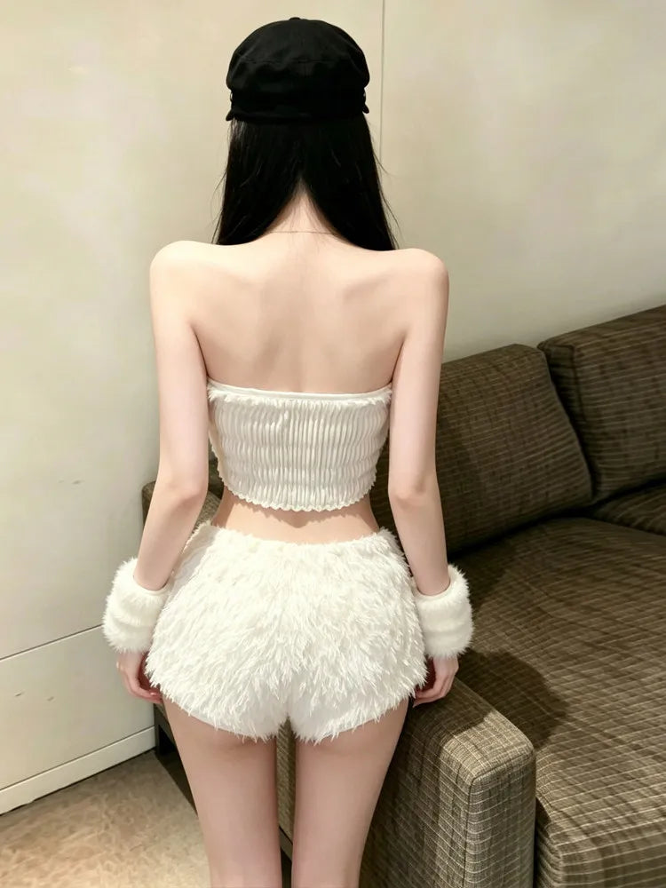 Rosaura Sexy Girl One Shoulder Furry Two Piece Sets