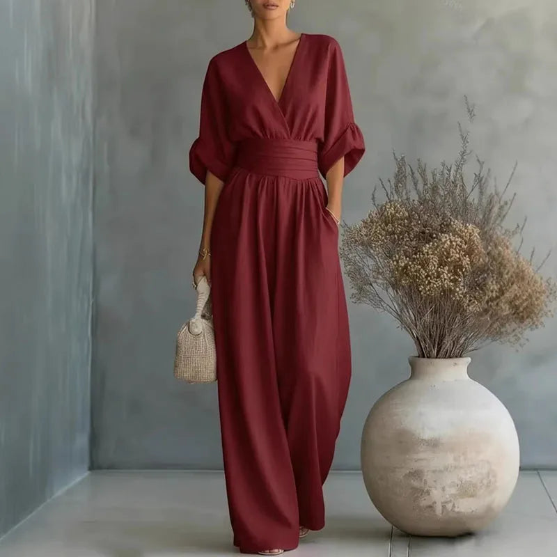 Women's Jumpsuit Fashion High Waist V-neck Casual Jumpsuits Sexy Solid Color Office Wide Leg Trousers Overalls Linen Chic