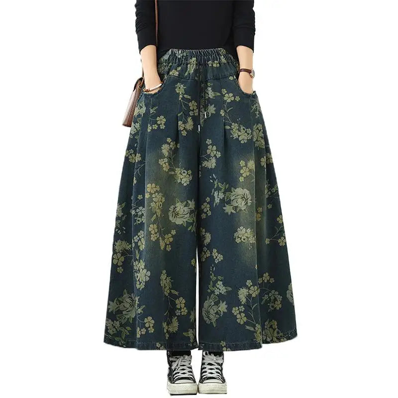Printed Jeans For Women 2025 Autumn Vintage Extended Elastic Waist
