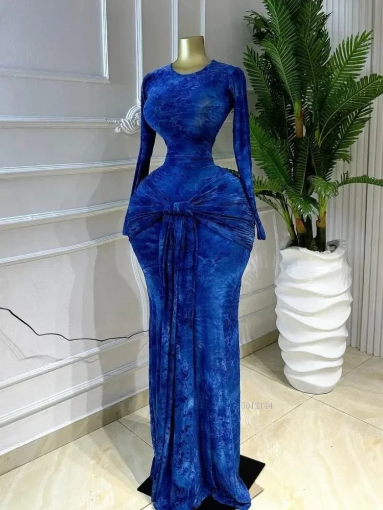 Beattystown Elegant Tie Dye Printed Skew Neck Flare Long Sleeve Ruched Maxi Dress