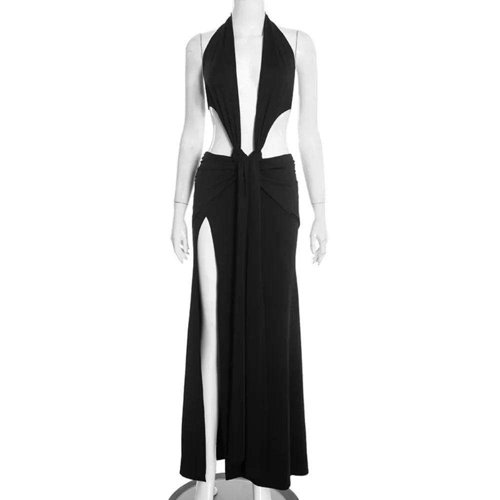 Ancram Hollow Backless Sexy Halter Deep V Neck Sleeveless Ruched Patchwork Dresses