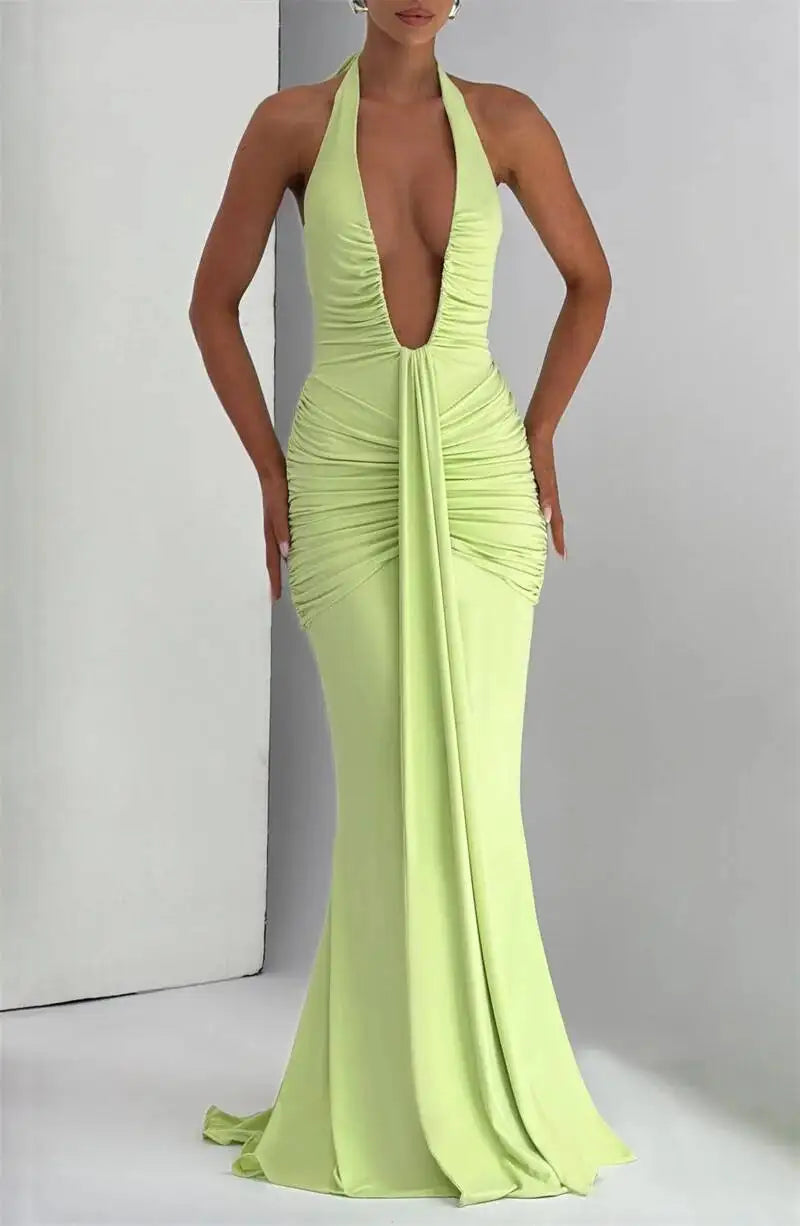 Deep V Neck Draped Ruched Sexy Halter Sleeveless Backless Club Party Long Dress