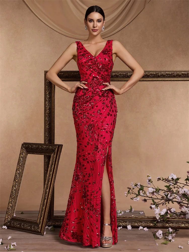 Praga Elegant Slit Evening Long Mermaid Formal Sequin Sexy V Neck Dress