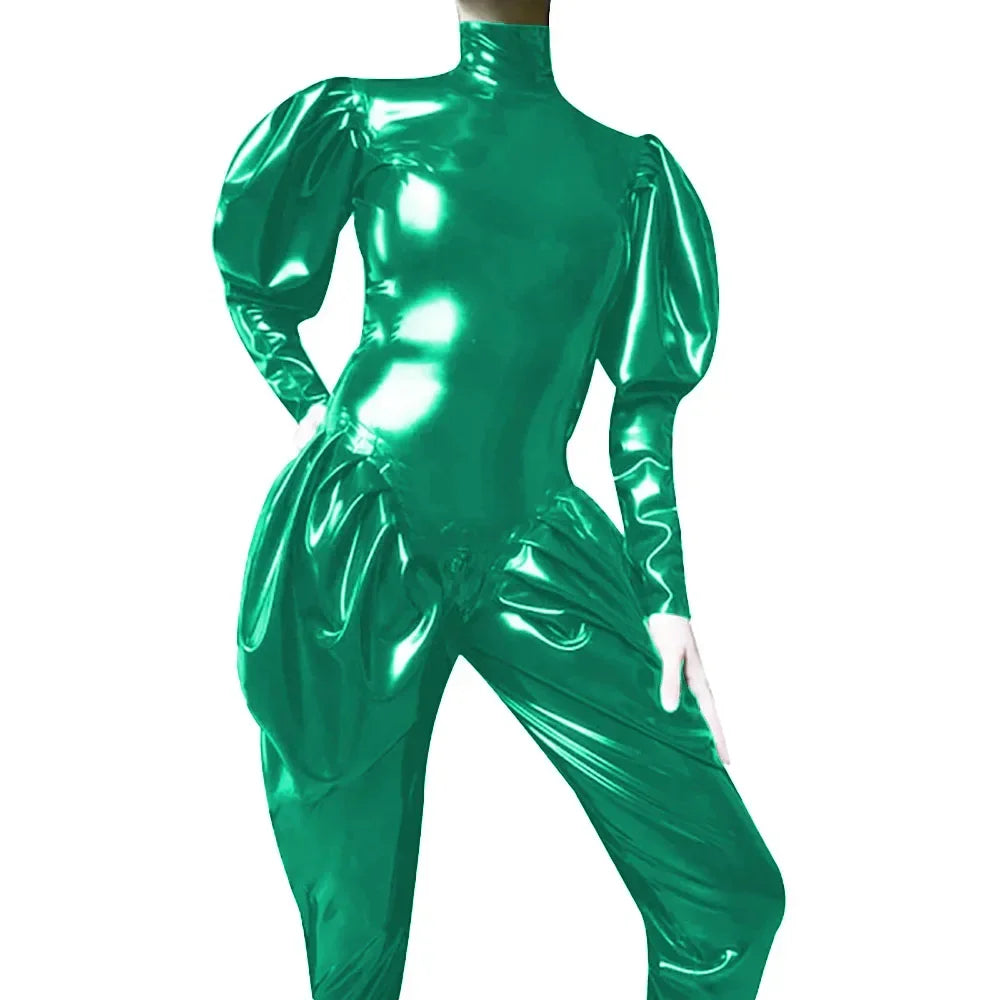 Sleeves Jumpsuit Sexy Zipper Open Crotch Catsuit Party High Neck Wetlook Rompers Female