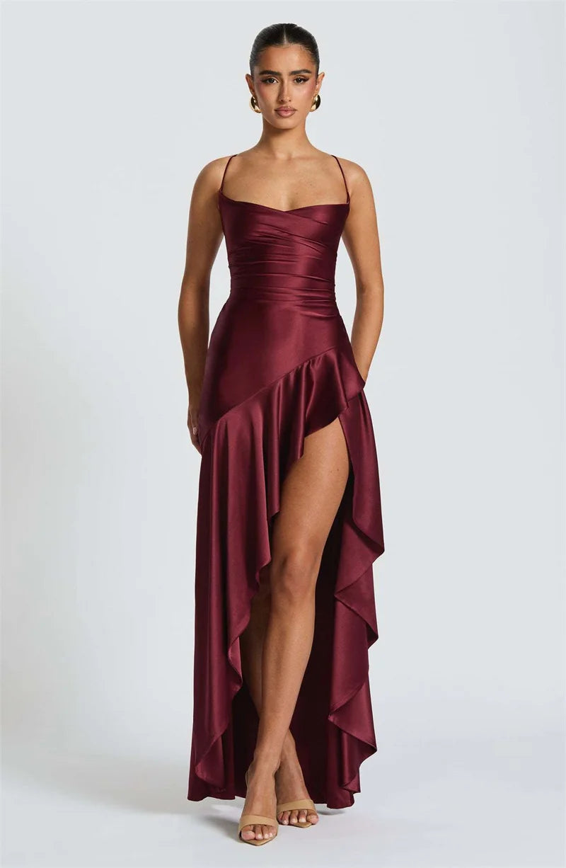 Haverstraw Satin Spaghetti Strap Ruffle Sexy Off-shoulder Sleeveless Backless Maxi Dress