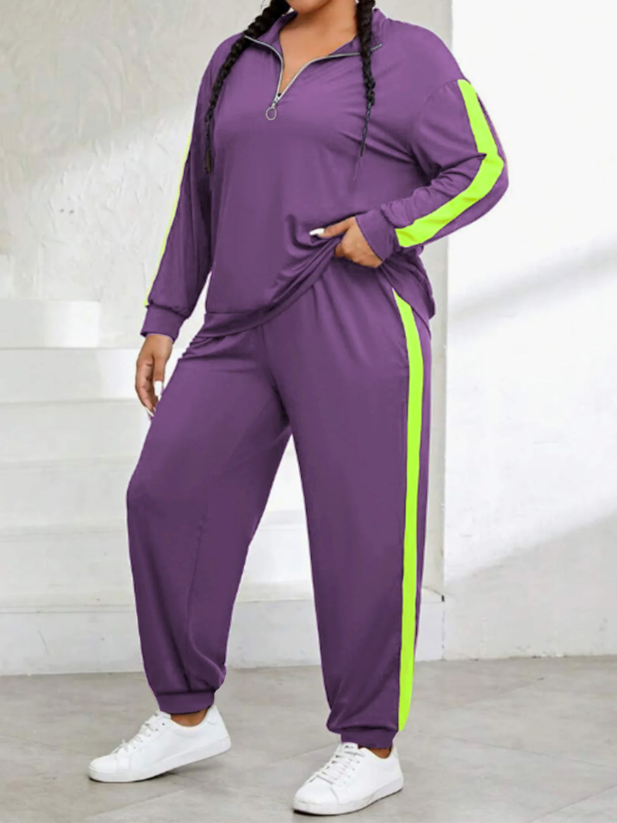 Jackie Plus Size Color Block Zip Front Two Piece Sets
