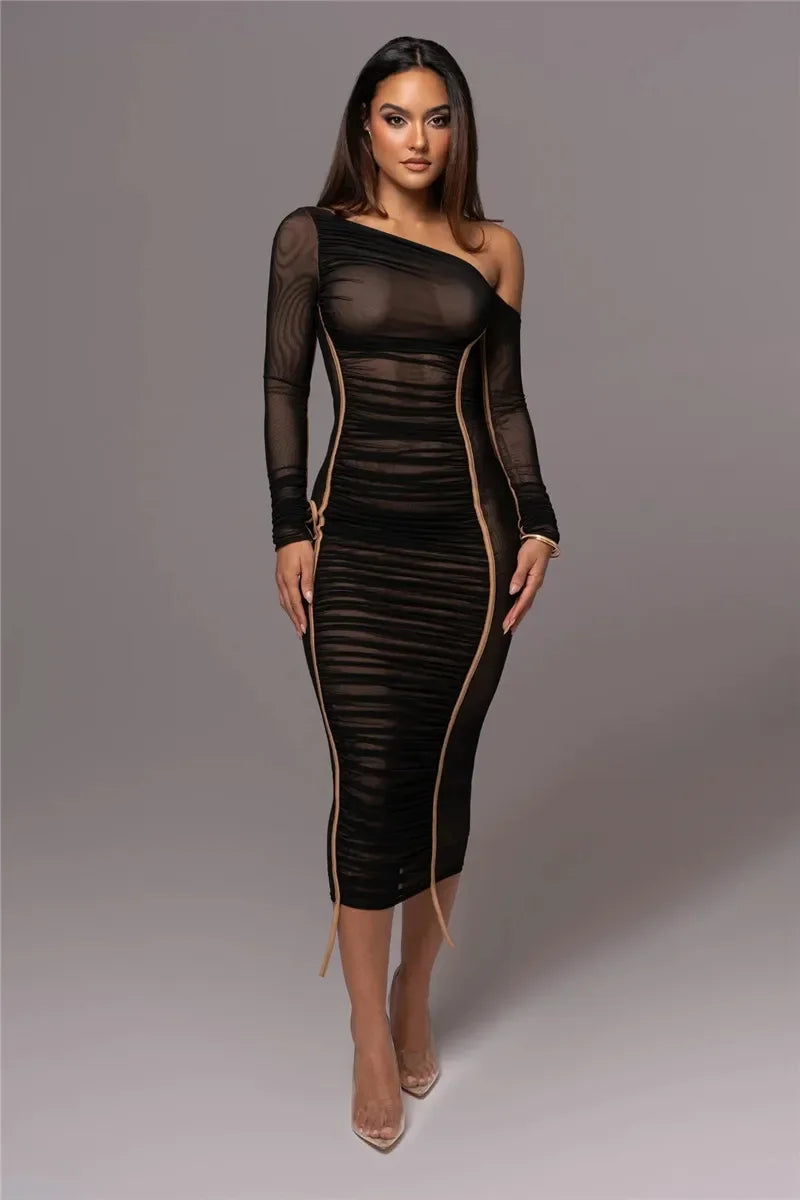 Dyker Heights Diagonal Collar Long Sleeve Mesh Backless Ruched Bodycon Midi Dress