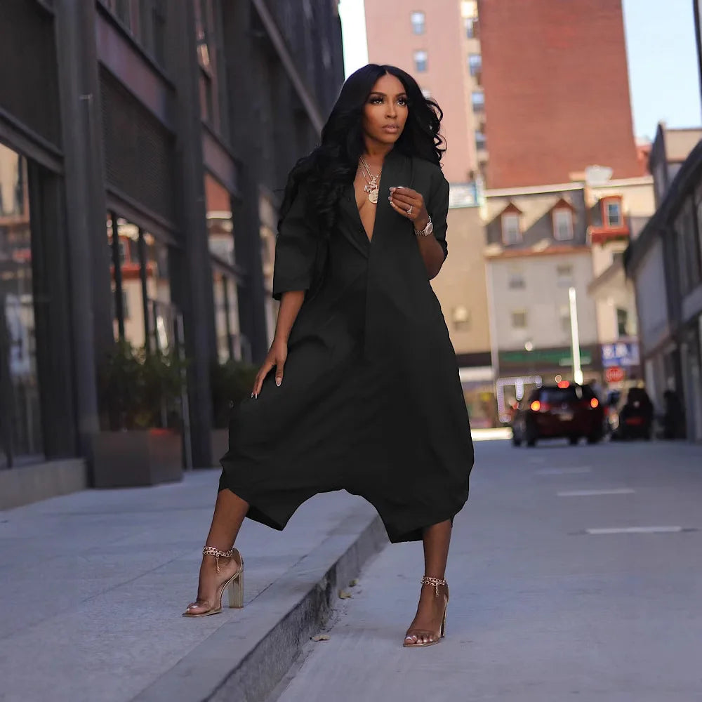 Women Plus Size Jumpsuit Business Casual Black Pocket Harem Rompers Single