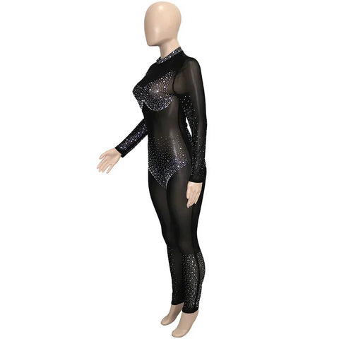 Union Square Fashion Sexy Mesh Perspective Hot Drill Long Sleeve Jumpsuit