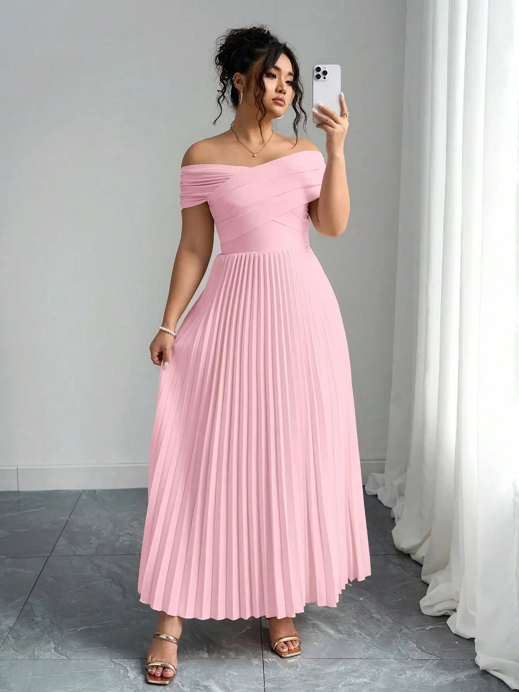 Candem Off Shoulder Pleated Soft Pink Crossover Neckline Maxi Dress