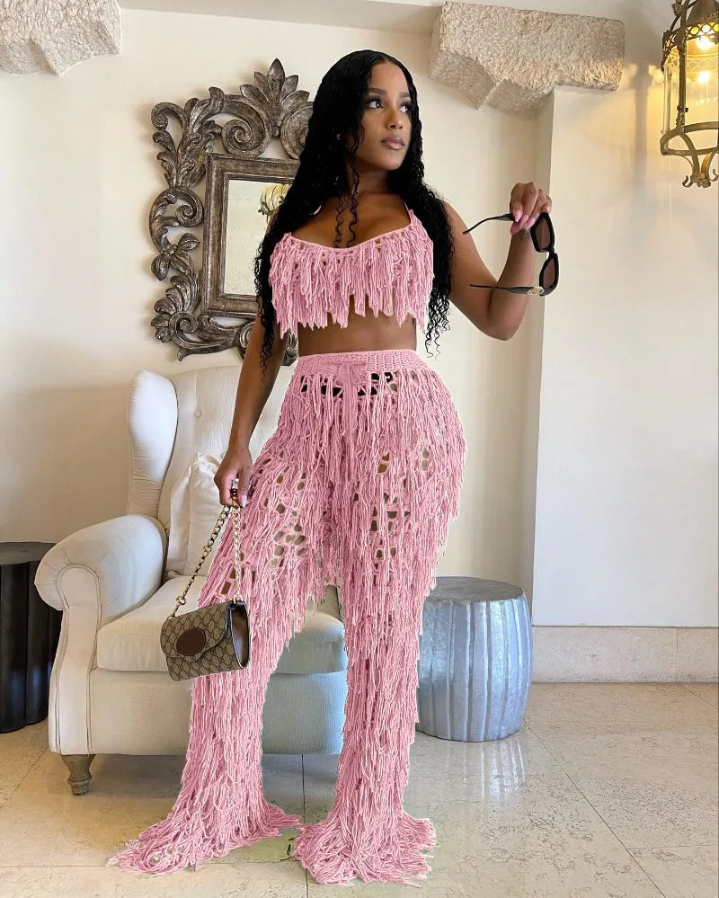 Emely Bodycon Outfit Tassel Two Piece Sets