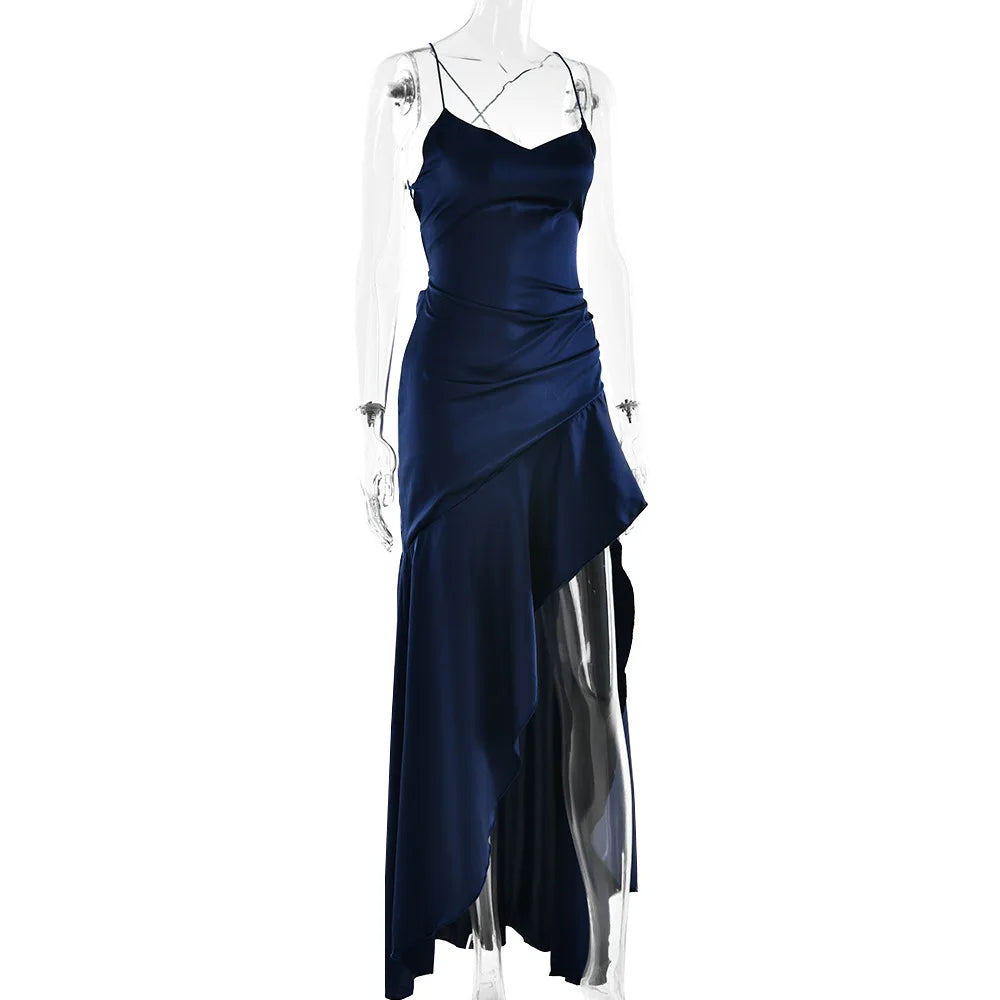 Stony Point Satin Long Dr with High Slit And Lace Trim Charming Dress