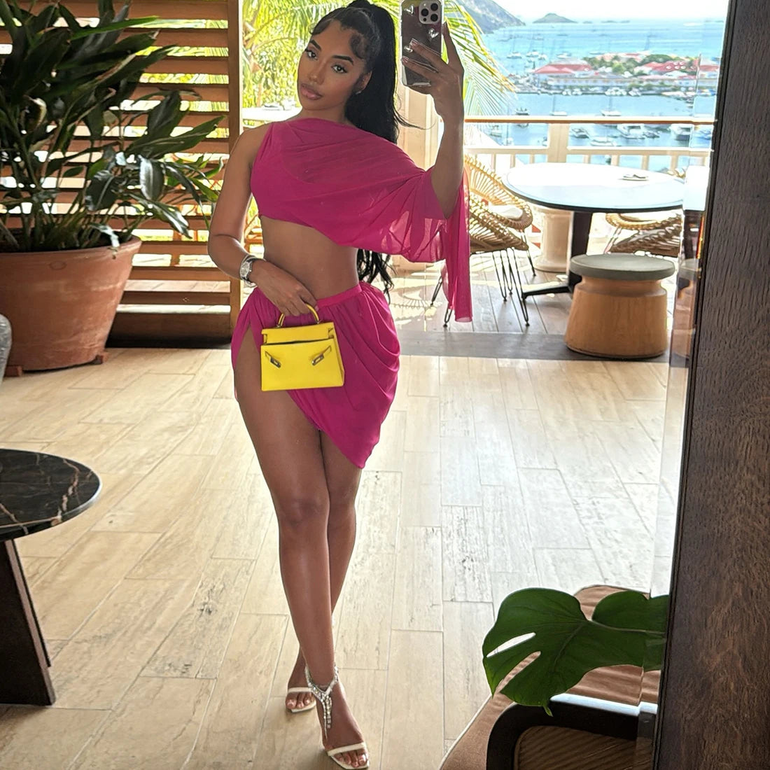 Ferris Lake See Through Midnight Irregular Full Sleeve Crop Matching Set