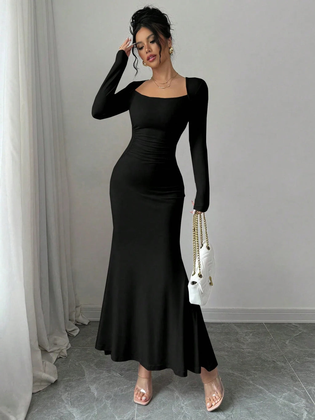 Nisao Four Seasons New Style Elegant Temperament Retro Solid Color Square Long Dress