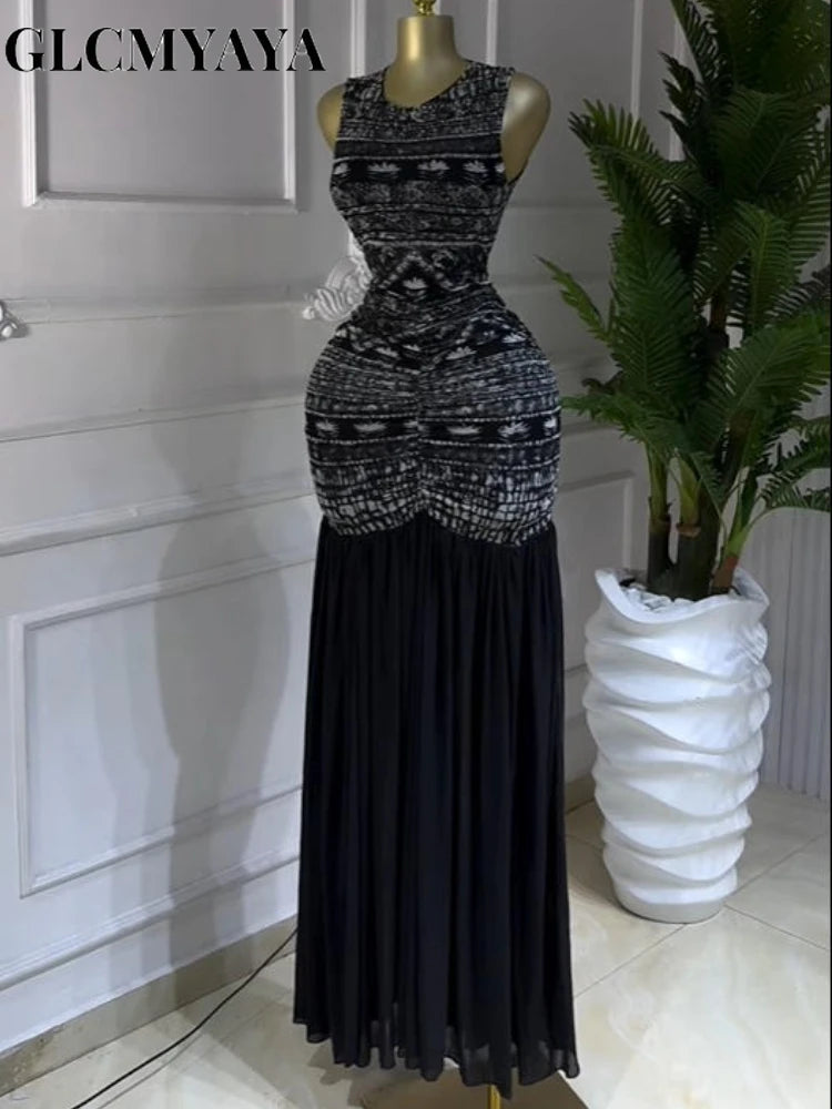 Printed Ruched Stacked Sleeveless Long Maxi Dress