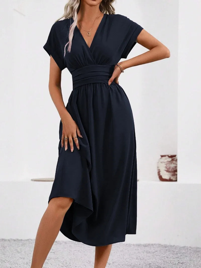 Guachupita Solid-Color V Neck Batwing-Sleeve Pleated Long Elegant Dress