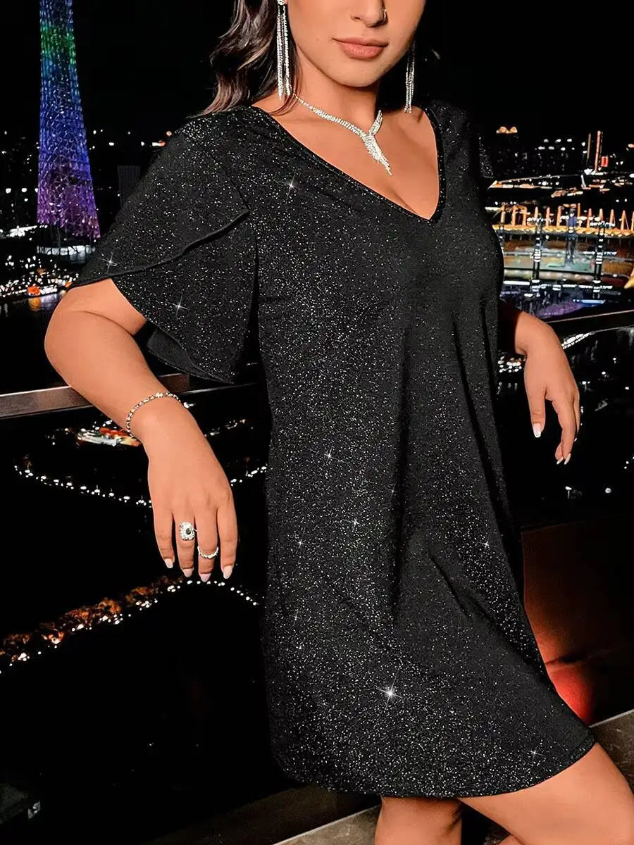 Jersey Shore Plus Size V Neck Ruffle Sleeve Glitter Shiny Loose Dress
