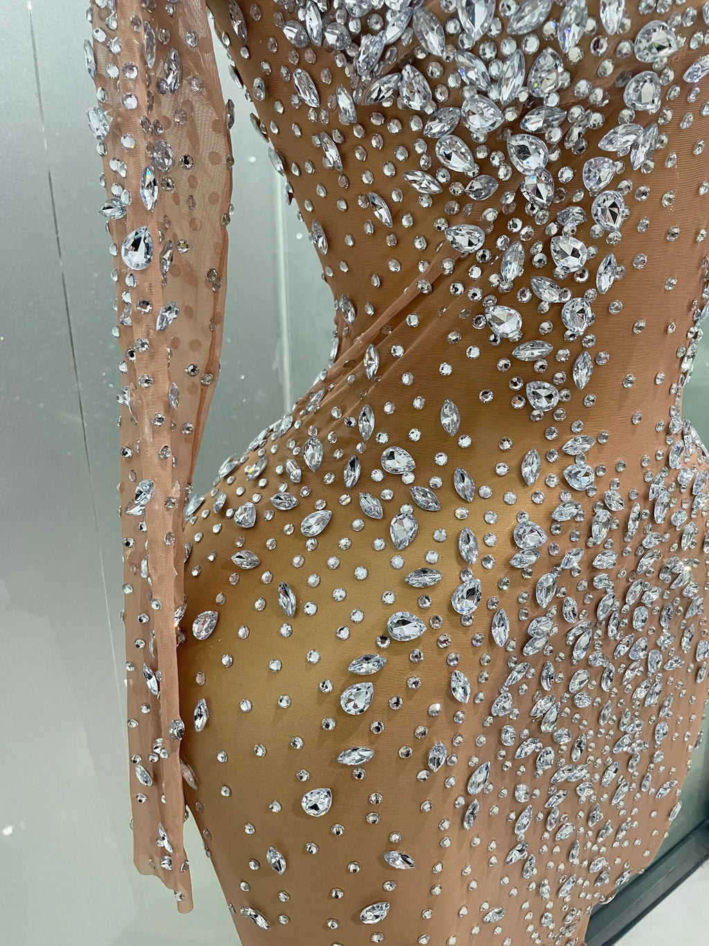 Cumberland Shinny Rhinestone Stretch Mesh Transparent Long Dress