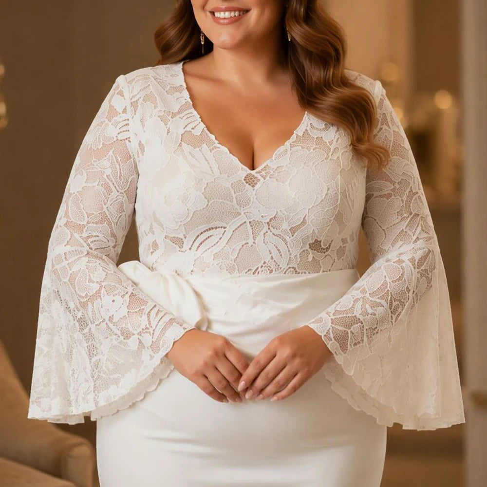 Plus Size Mermaid Sexy Mesh Sheer Embroidery V‑Neck Long Sleeve Slim Fit Maxi Dress