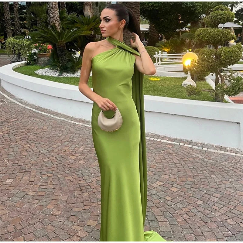 Califon Sexy Satin Ribbon Party Elegant Halter Backless Off Shoulder Sleeveless Maxi Dress