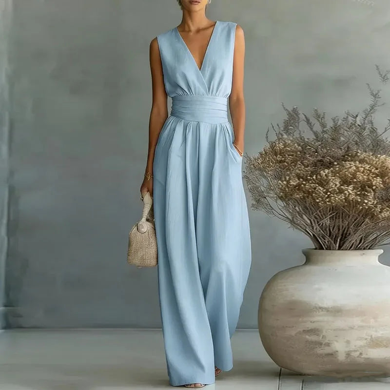 Women's Jumpsuit Fashion High Waist V-neck Casual Jumpsuits Sexy Solid Color Office Wide Leg Trousers Overalls Linen Chic