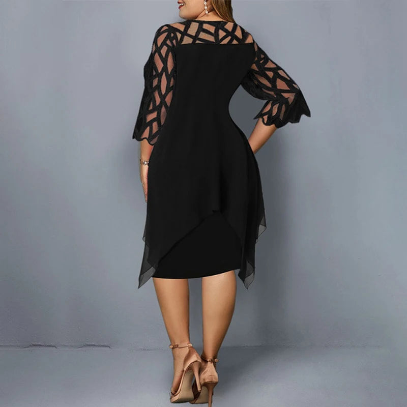 Cancun Hollow Chiffon Comfortable Loose Plus Size Elegant Solid Color Midi Dress