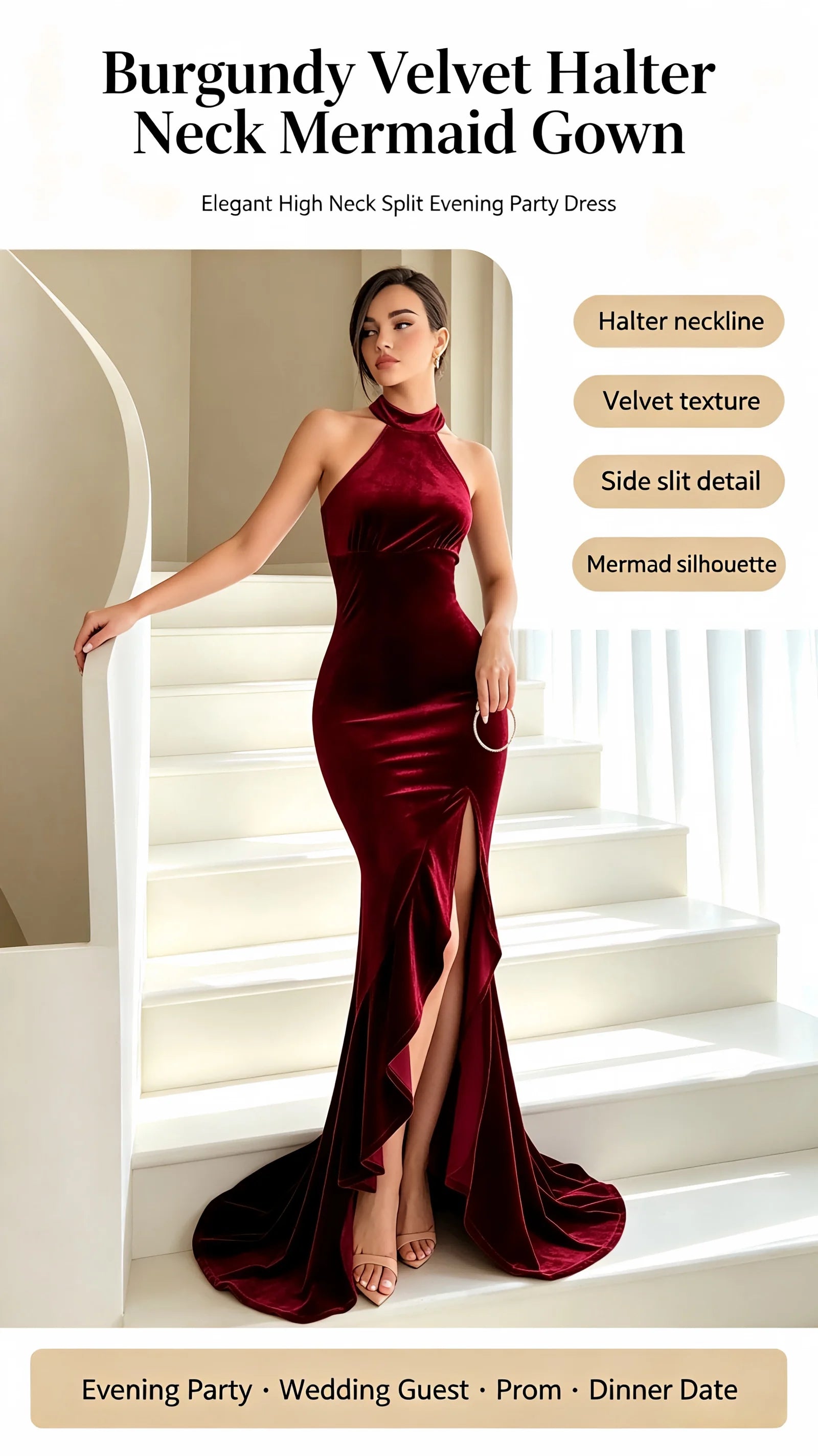 Burgundy Velvet Halter Neck Mermaid Gown High Neck Split Evening Party Dress