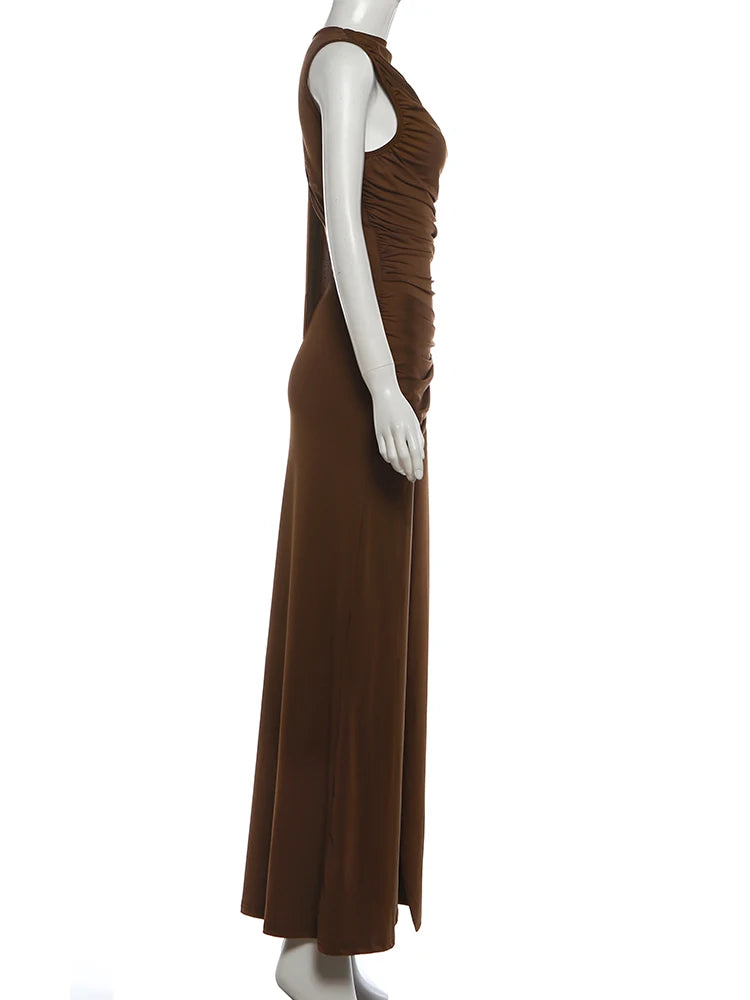Linden Elegant Ruched O Neck Sleeveless Irregular Ribbon Metal Trim Classic Dress