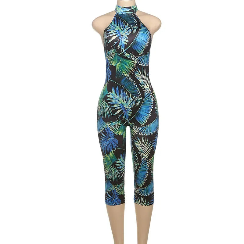 Sunset Park Dots Print Lace Up Halter Backless Skinny Knee Length Jumpsuits