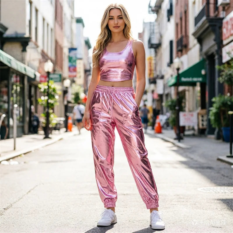 Turik Glossy Elastic Waist Drawstring Performance Trousers Pants