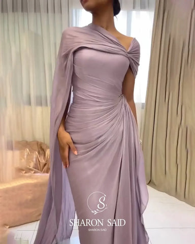 Mountainside Elegant One Shoulder Evening with Draped Cape Arabic Dress