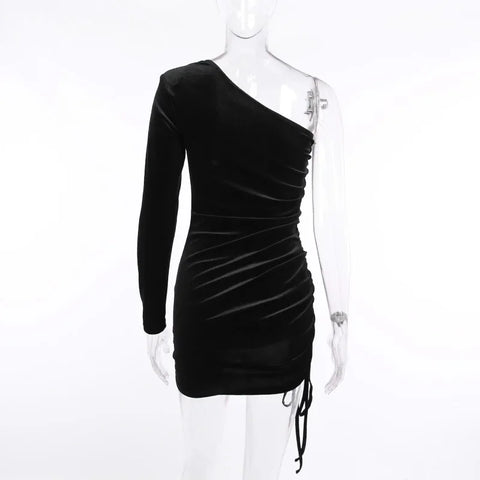 Grasmere One Shoulder Velvet Lace Up Party Bodycon Dress