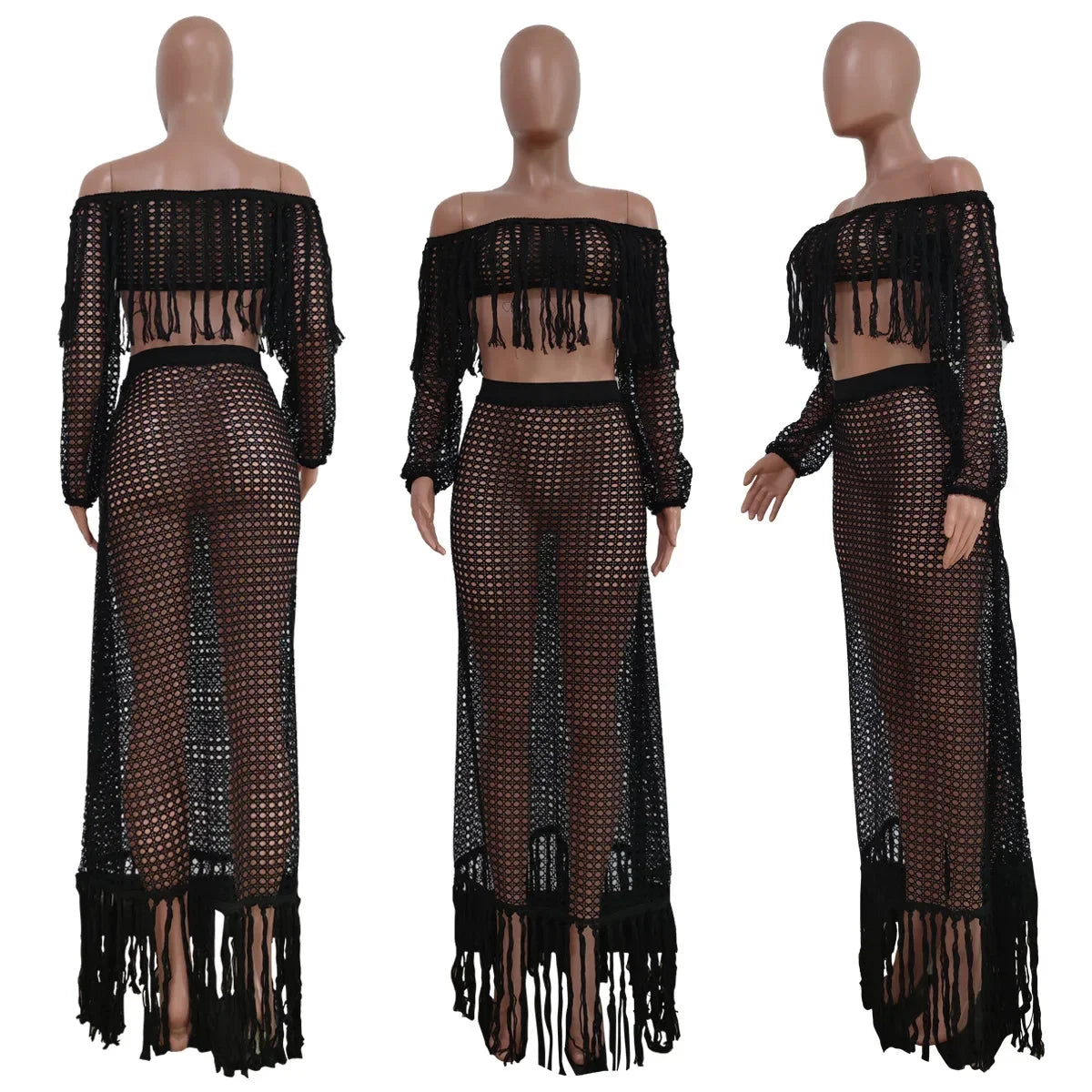 Off Shoulder Tassel Hollow Out Beach Set