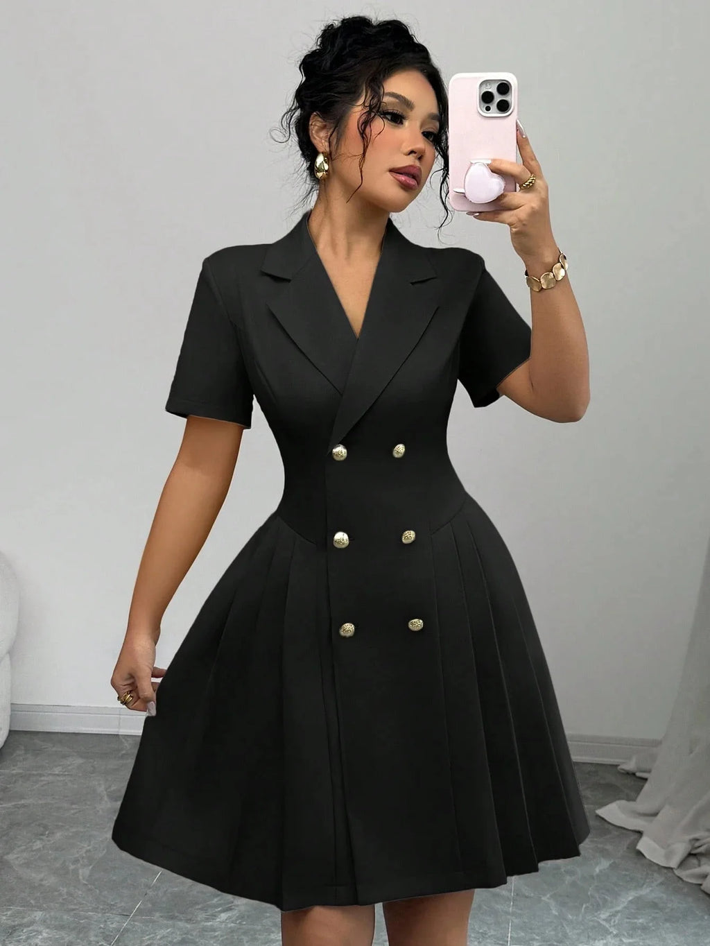 All Ways Solid Color Notched Lapel Double Breasted Short Sleeve Slim Midi Dress