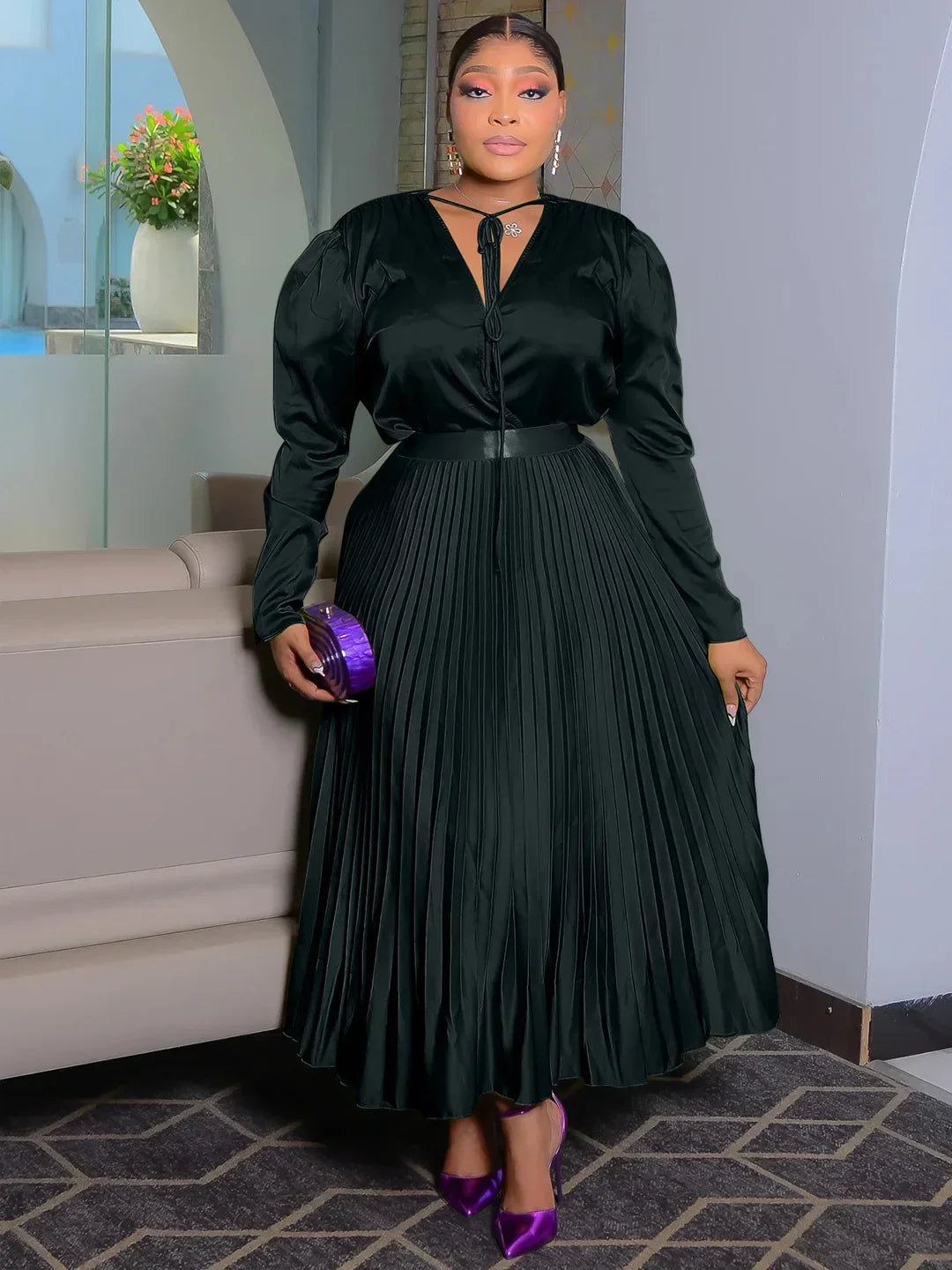 Darian V-neck Pleated Maxi Two 2 Piece Set
