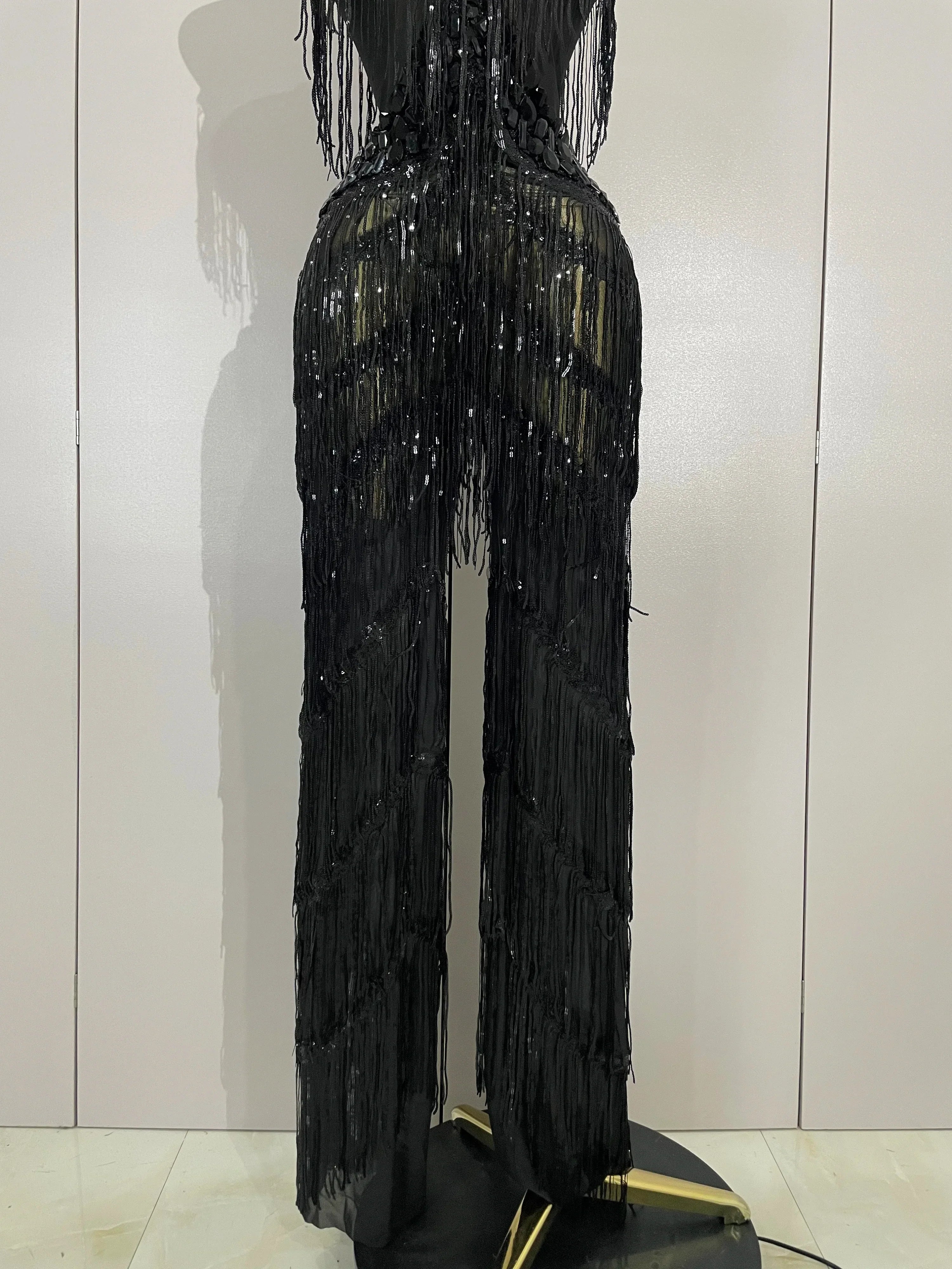 Watkin Glen Sparkly Black Rhinestones Sequined Fringe jumpsuit