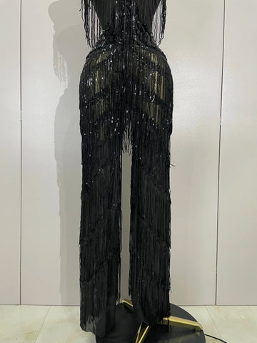 Watkin Glen Sparkly Black Rhinestones Sequined Fringe jumpsuit