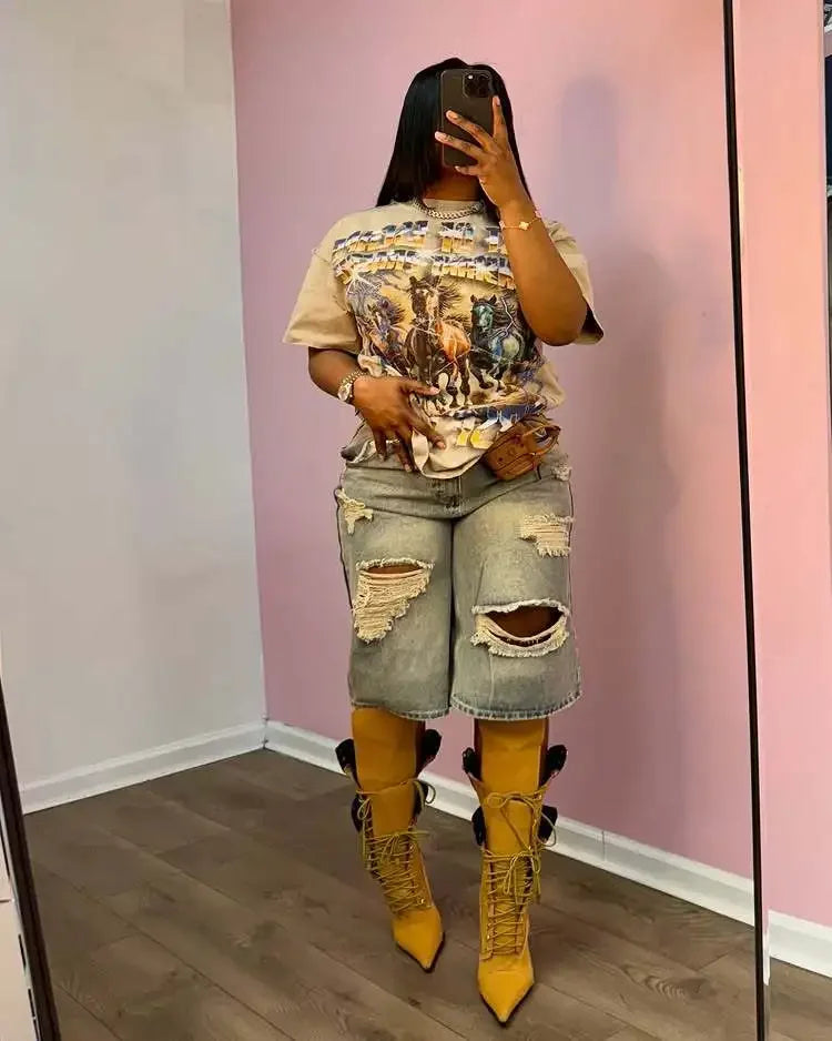 Stacy High Waisted Loose Vintage Ripped Denim Mid-length Straight-leg Denim Shorts