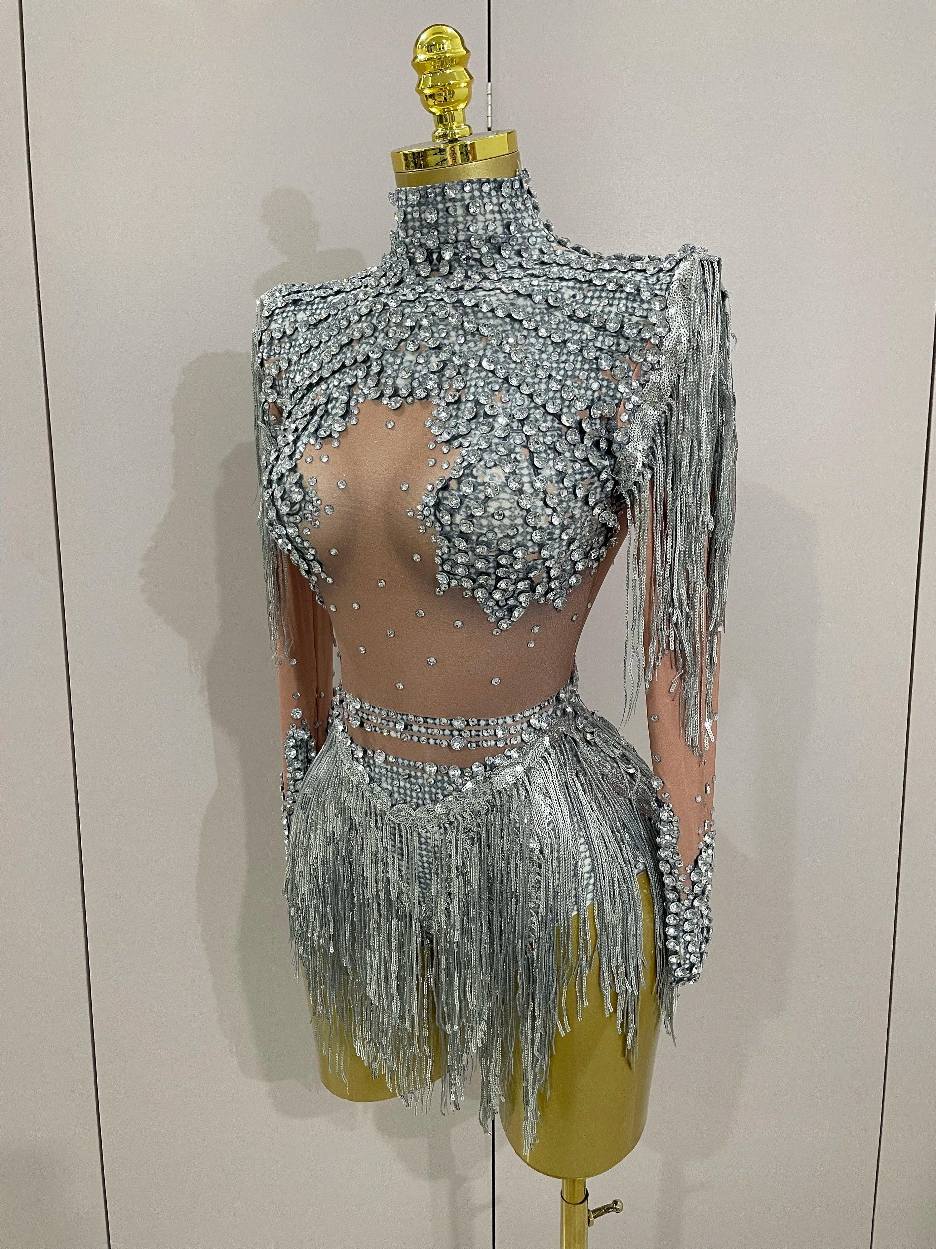 Chambersburg Sparkly Rhinestone Sequin Tassel Stretch Jumpsuit