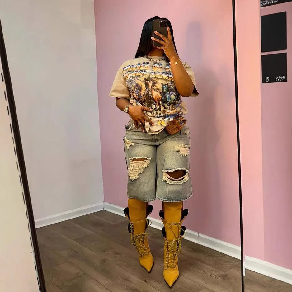 Stacy High Waisted Loose Vintage Ripped Denim Mid-length Straight-leg Denim Shorts