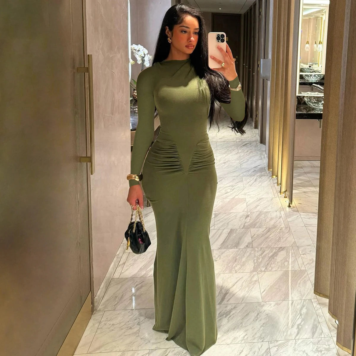 Shore Beach Solid Long Sleeve Draped Sexy Bodycon Maxi Party Dress