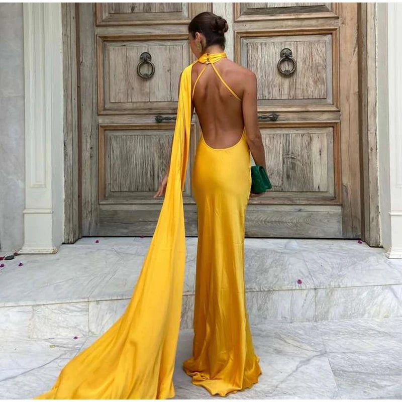 Califon Sexy Satin Ribbon Party Elegant Halter Backless Off Shoulder Sleeveless Maxi Dress