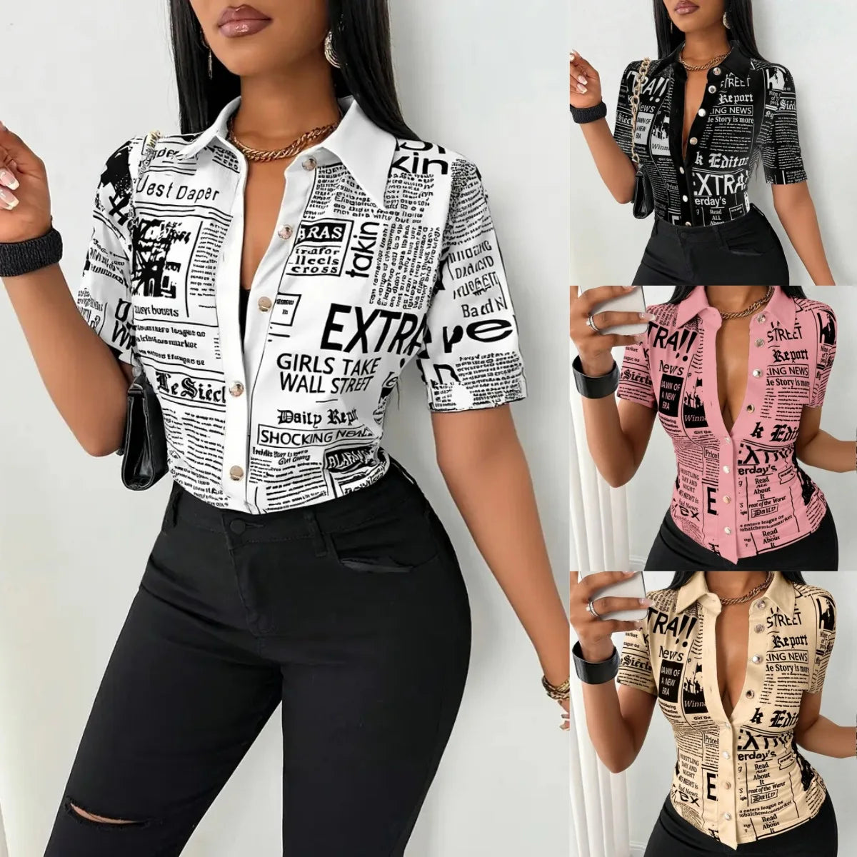 Pluto Elegant Fashion Newspaper Pattern Print Single Breasted Short Sleeve Tops