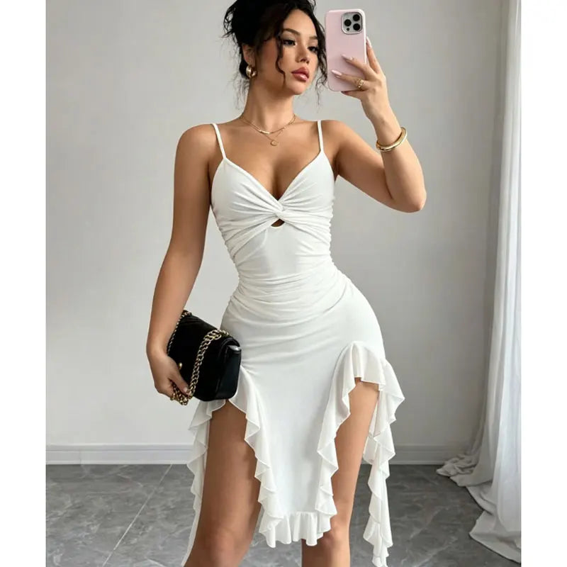 Hamburg Spaghetti Strap Asymmetrical White Folds Mini Dress