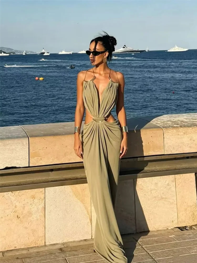 Solid Color Spaghetti Strap Sleeveless Sexy Deep V Cutout Waist Ruched Maxi Gown Dress