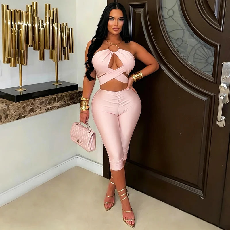 Lorena Solid Color Hanging Neck Tight Fitting Two Piece Sets