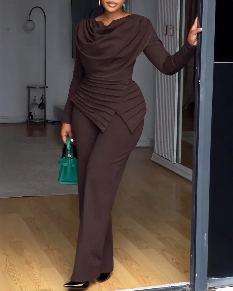 Birmingham Swing Collar Ruched Jumpsuit Long Sleeve Solid Elegant Color