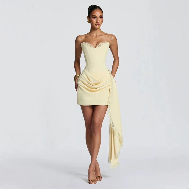 Telaby Lace Trim Patchwork Strapless Ribbon Bodycon Dress
