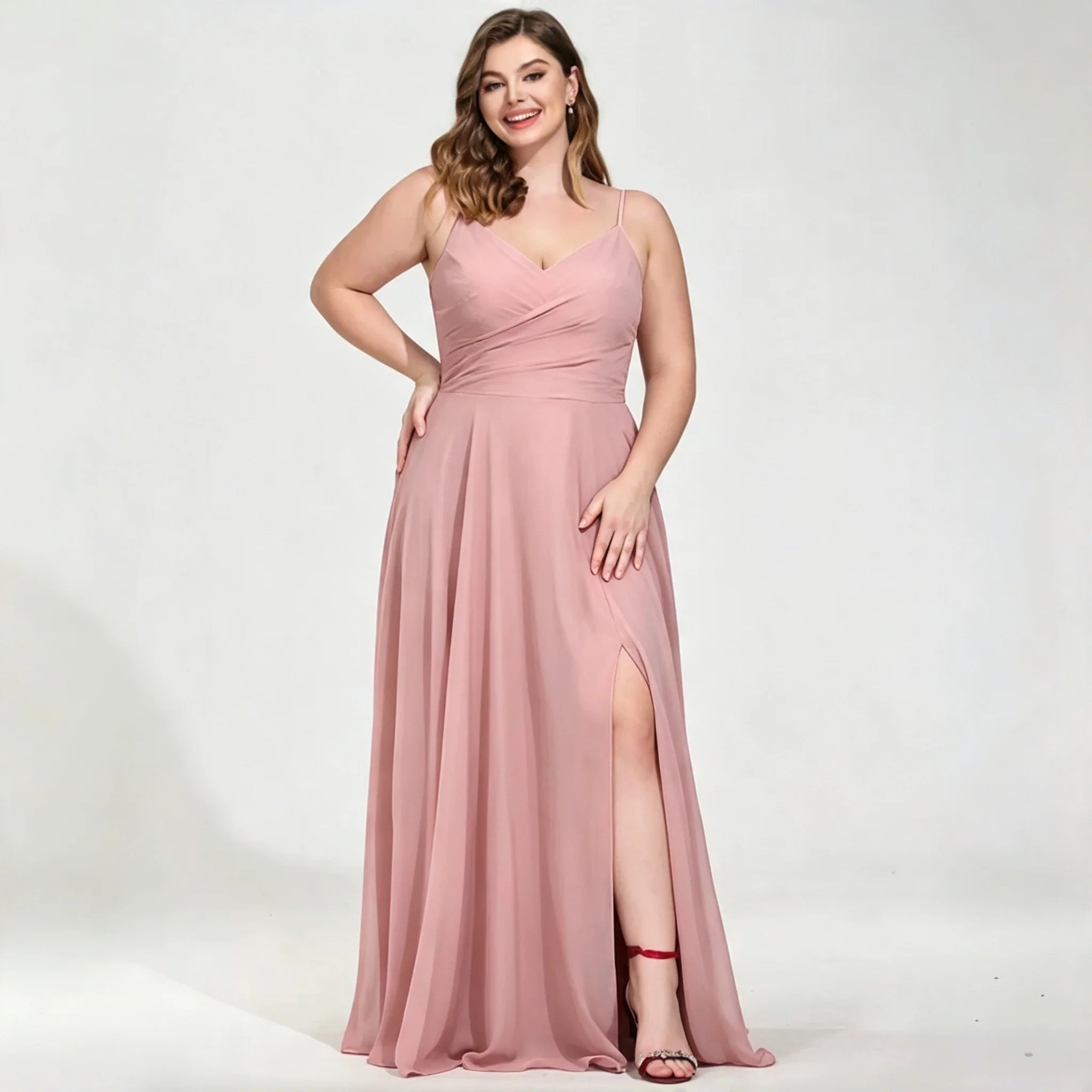 New York Plus Size Burgundy Chiffon Bridesmaid Spaghetti Strap Surplice V Neck Ruched Dress